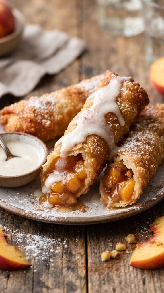 Vanilla icing on peach egg rolls