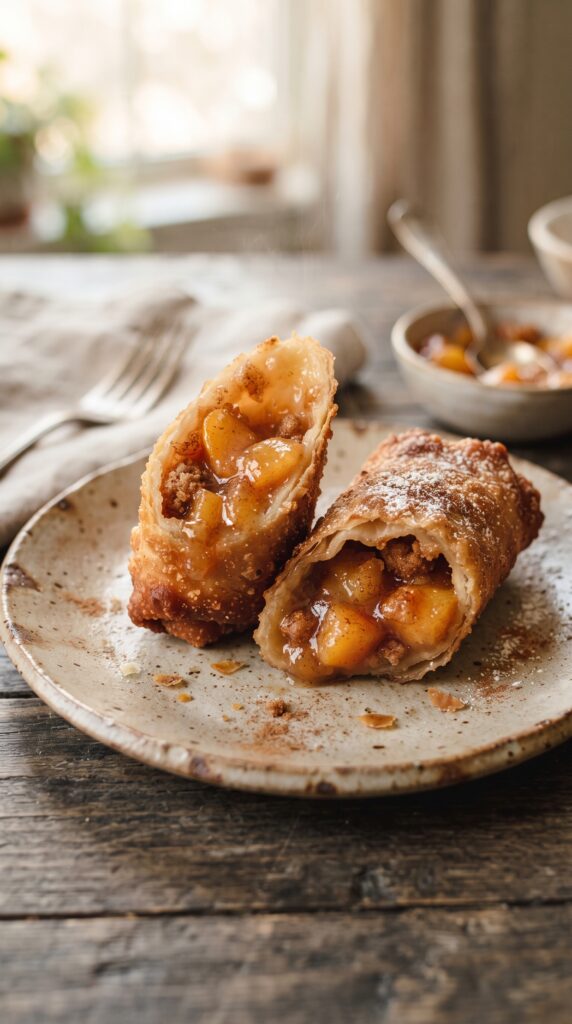 Peach cobbler egg rolls on a tray with icing
