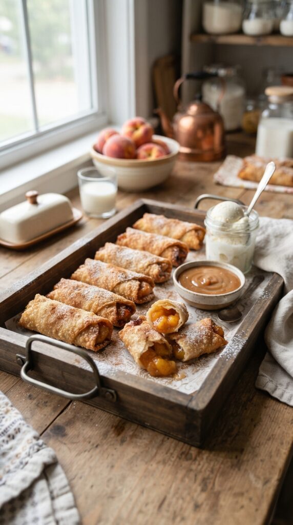 Peach cobbler egg rolls on a tray